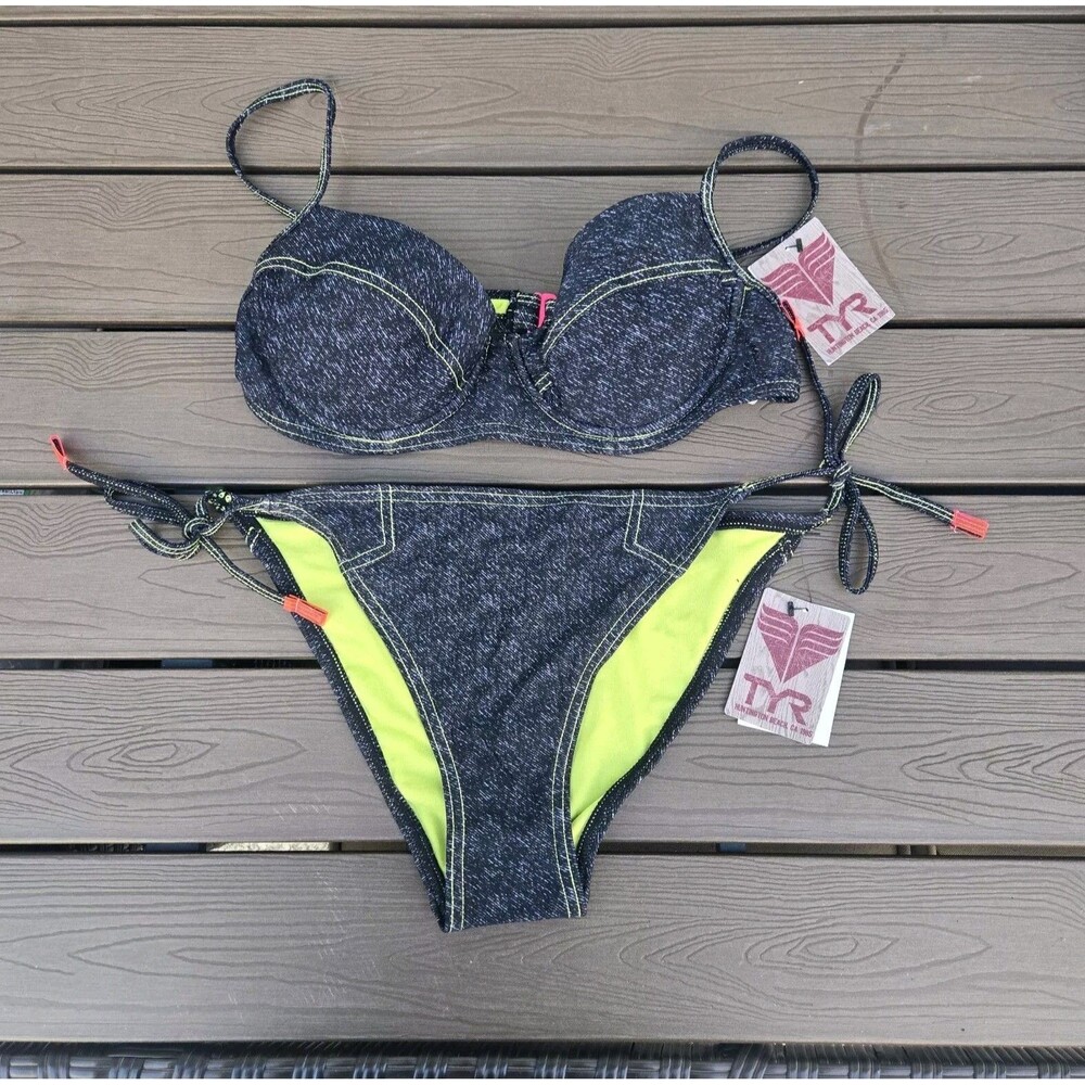 TYR Hot Shot Denim Underwire Bra (L) & Tie Bottom Bikini (M) Black Denim NEW